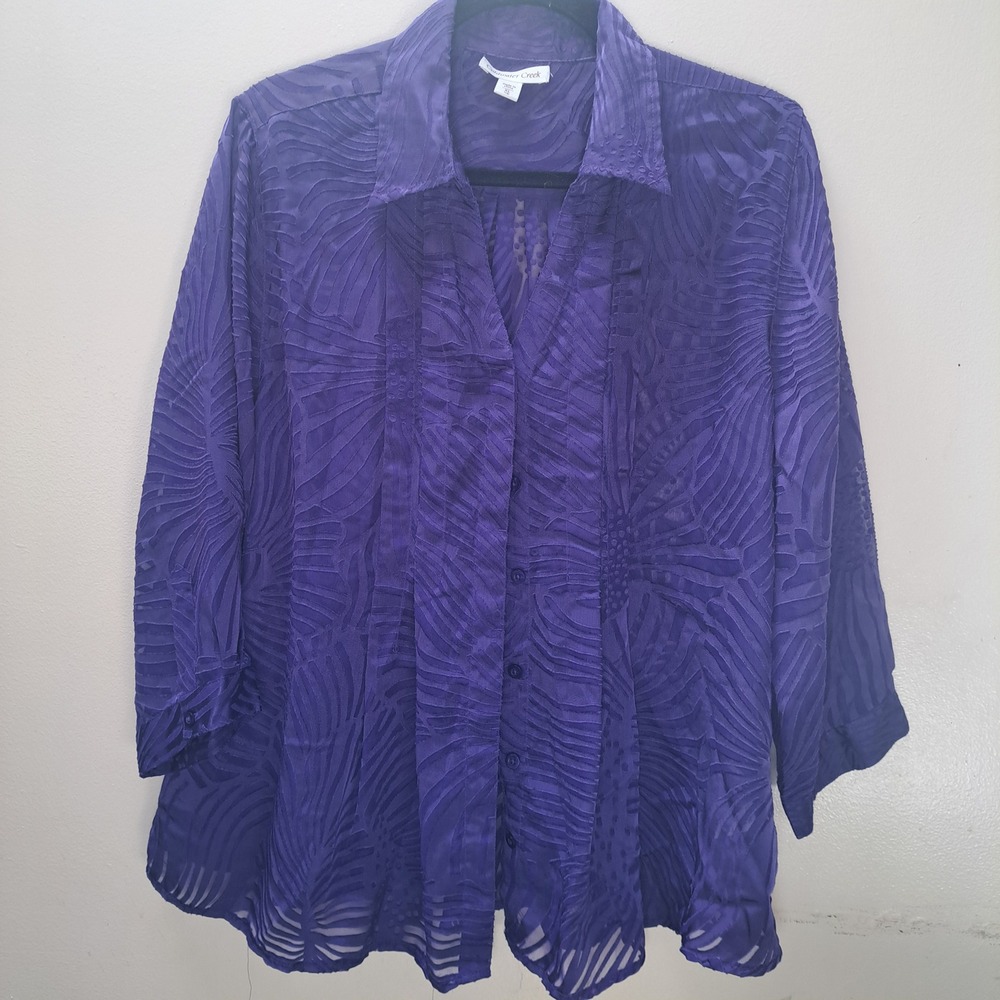 Coldwater Creek Purple Burnout Floral Blouse 3/4 Sleeve Button Front XL 4003173